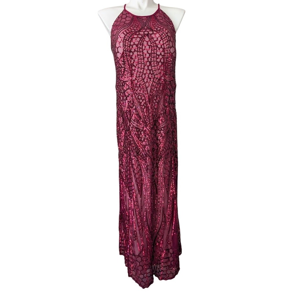 Sequin Mesh Halter Evening Gown 22W Burgundy Glam Shimmer Occasion Stretch‎ Plus